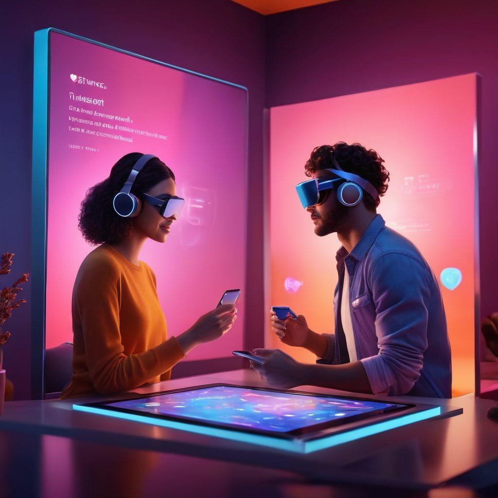 A dynamic scene showcasing a modern online dating interface, where two users are engaged in an interactive conversation on their screens, surrounded by vibrant digital elements symbolizing connection and intimacy. The background shows diverse individuals enjoying interactive experiences like VR dates and game nights, embodying the rise of adult interactions in the digital realm. Futuristic design with warm colors and glowing accents to convey excitement. super-realistic. vibrant colors. 3D.