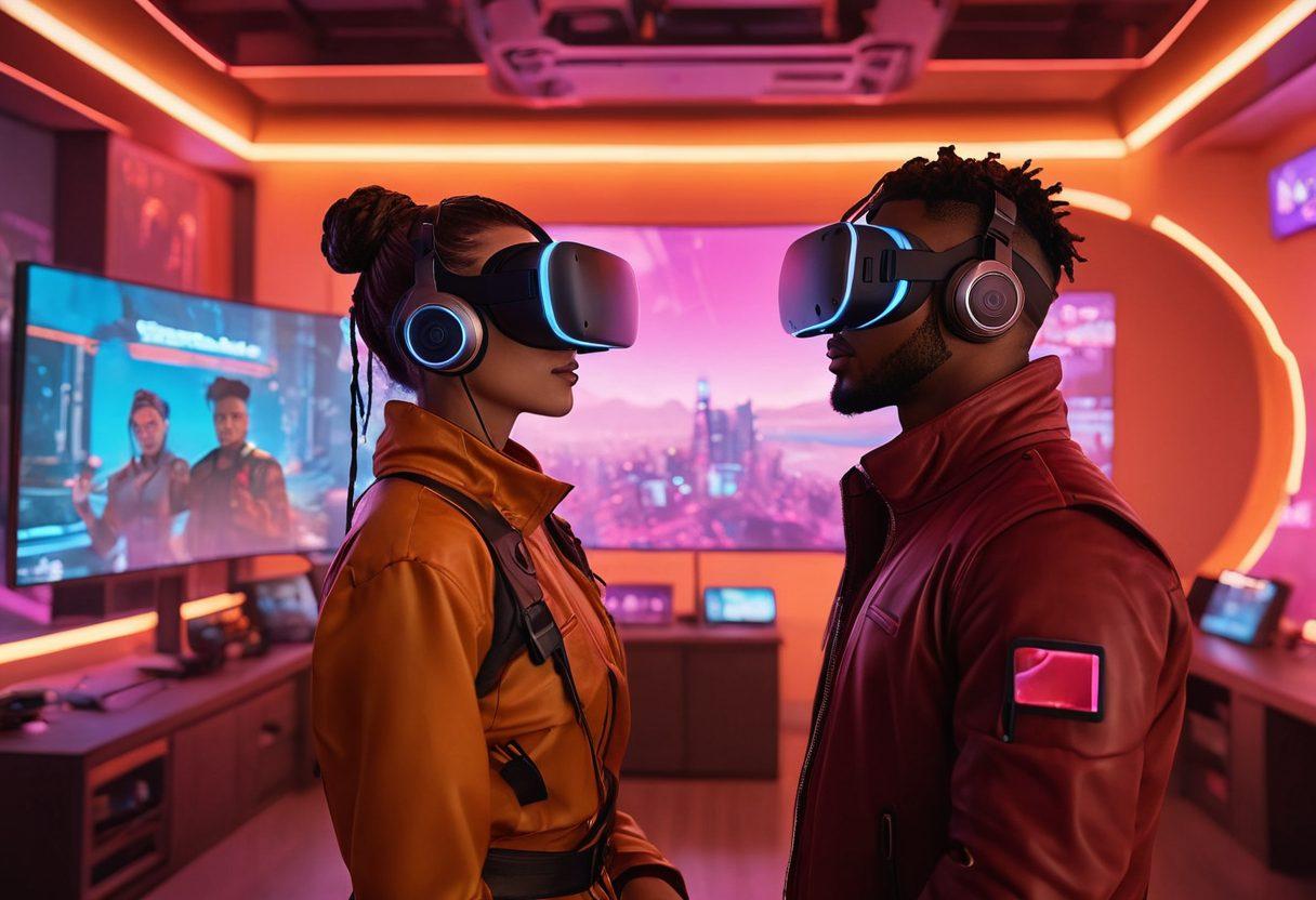 A futuristic virtual reality landscape showcasing diverse avatars engaging in intimate, interactive experiences. Elements of digital screens, glowing hearts, and vibrant connections symbolize adult live streaming. Include a blend of technology and intimacy, featuring warm colors and soft lighting for a welcoming atmosphere. Make it feel immersive and inviting. vibrant colors. cyberpunk.