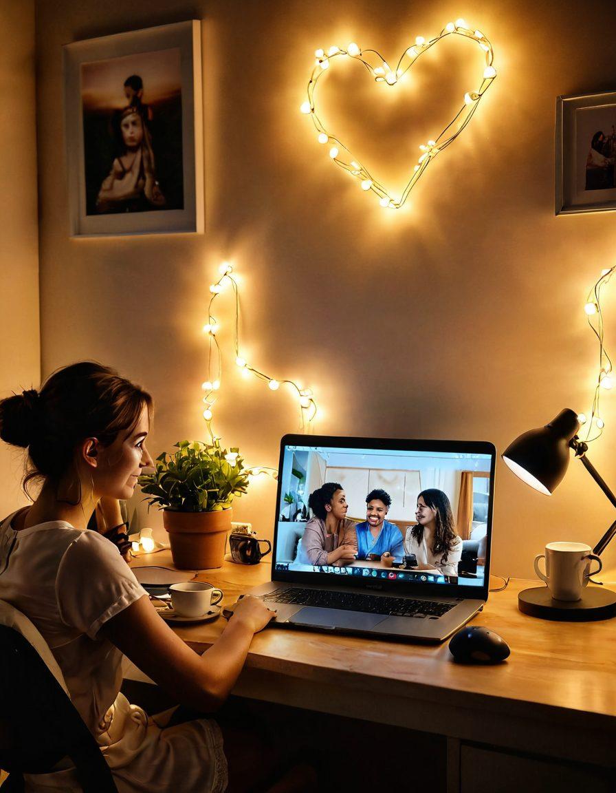 An intimate and inviting room setting with a modern webcam on a stylish desk, soft lighting casting a warm glow, alluring silhouettes of a couple engaging in a flirtatious chat on screen. Include subtle hints of playful decor like heart-shaped pillows and soft-focus fairy lights in the background, evoking a sense of excitement and connection. super-realistic. warm colors. intimate atmosphere.